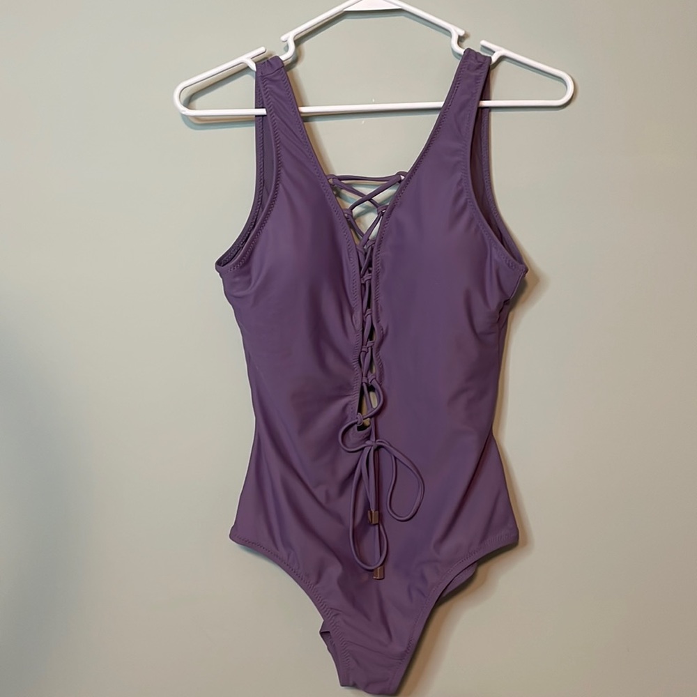 NWT Shade & Shore Lace Up Open Back Plunge Bathing Suit One Piece Size Small